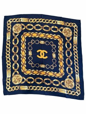 CHANEL Navy Blue and Gold Chain Print Silk Scarf